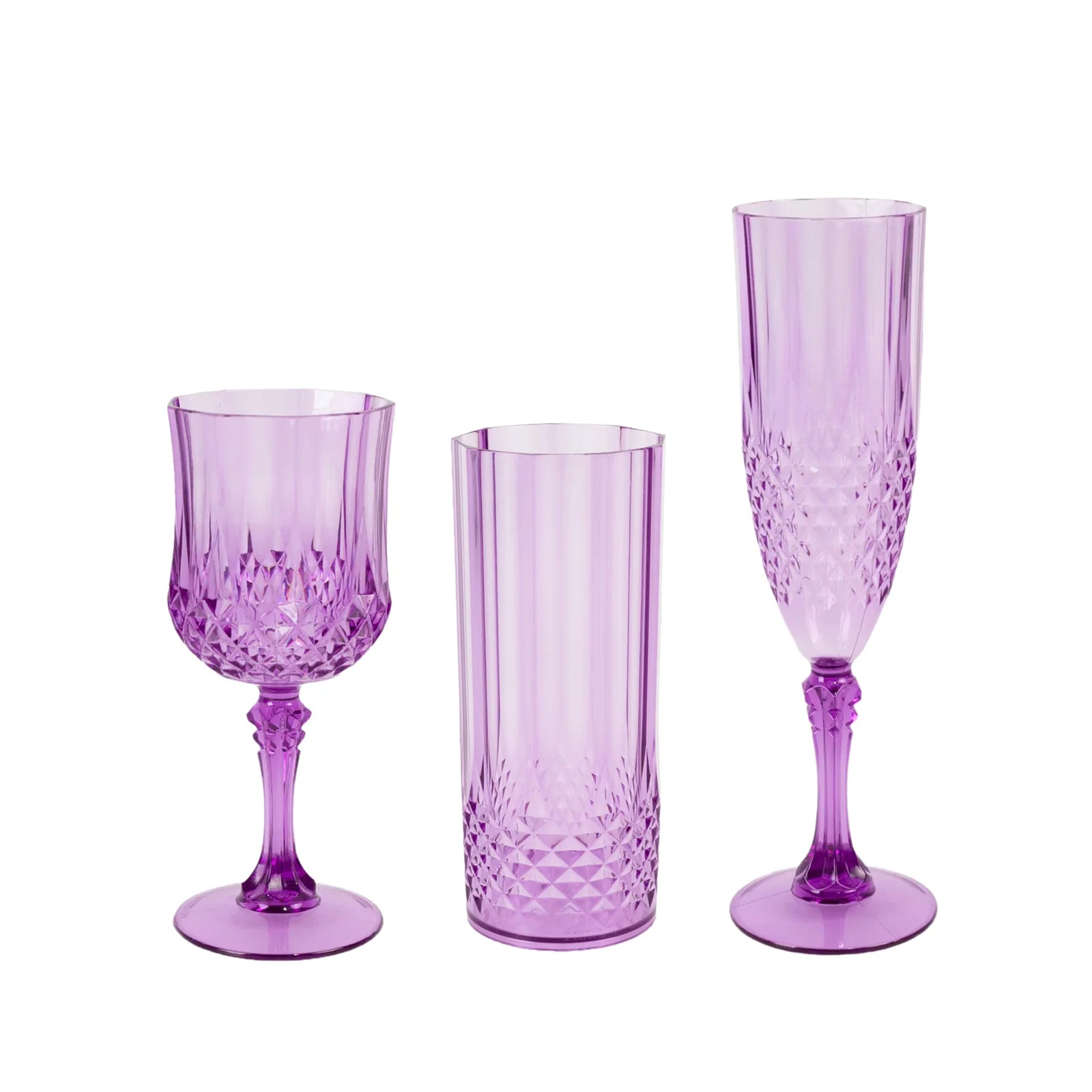 6-Pack Plastic Cocktail Tumblers Purple Transparent Crystal Cut Style - Shatterproof Highball Glasses 14oz