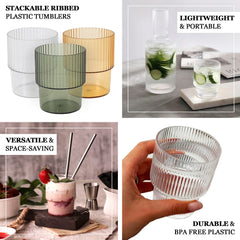 12-Pack Plastic Short Drinking Glasses Clear Ribbed Pattern Stackable - Reusable Tumblers 7oz