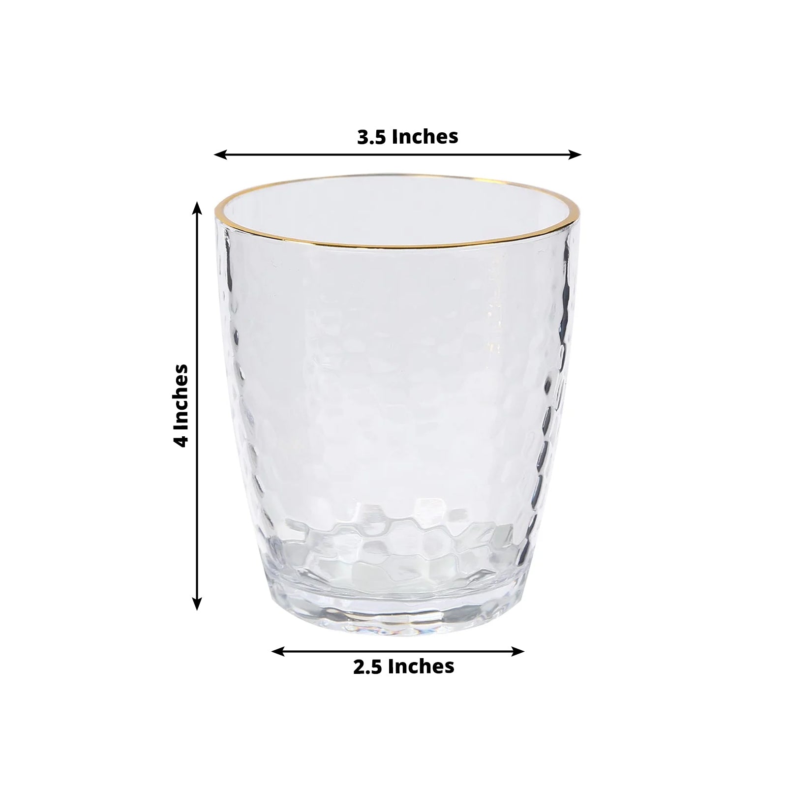 12-Pack Plastic Tumblers Reusable Hammered Cups 14oz – Clear with Gold Rim – Shatterproof Cocktail Drinkware
