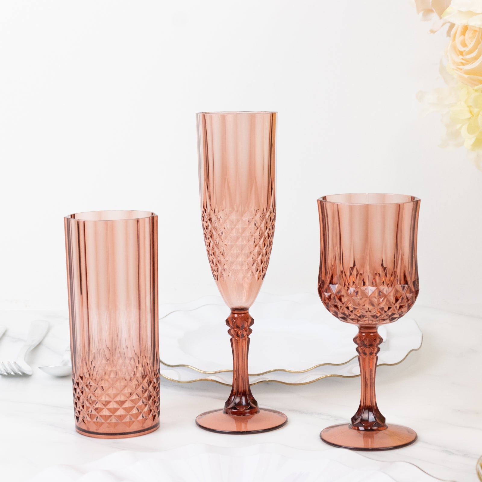 6-Pack Plastic Cocktail Goblets Dusty Rose Transparent Crystal Cut - Shatterproof Drinkware 8oz