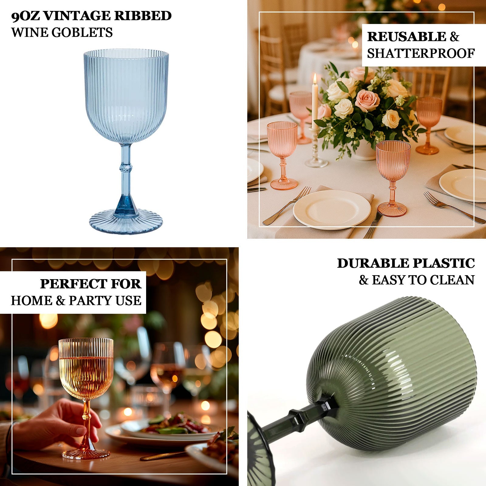 12-Pack Plastic Goblets Amber Gold Vintage Ribbed Pattern - Reusable Shatterproof Glassware 9oz