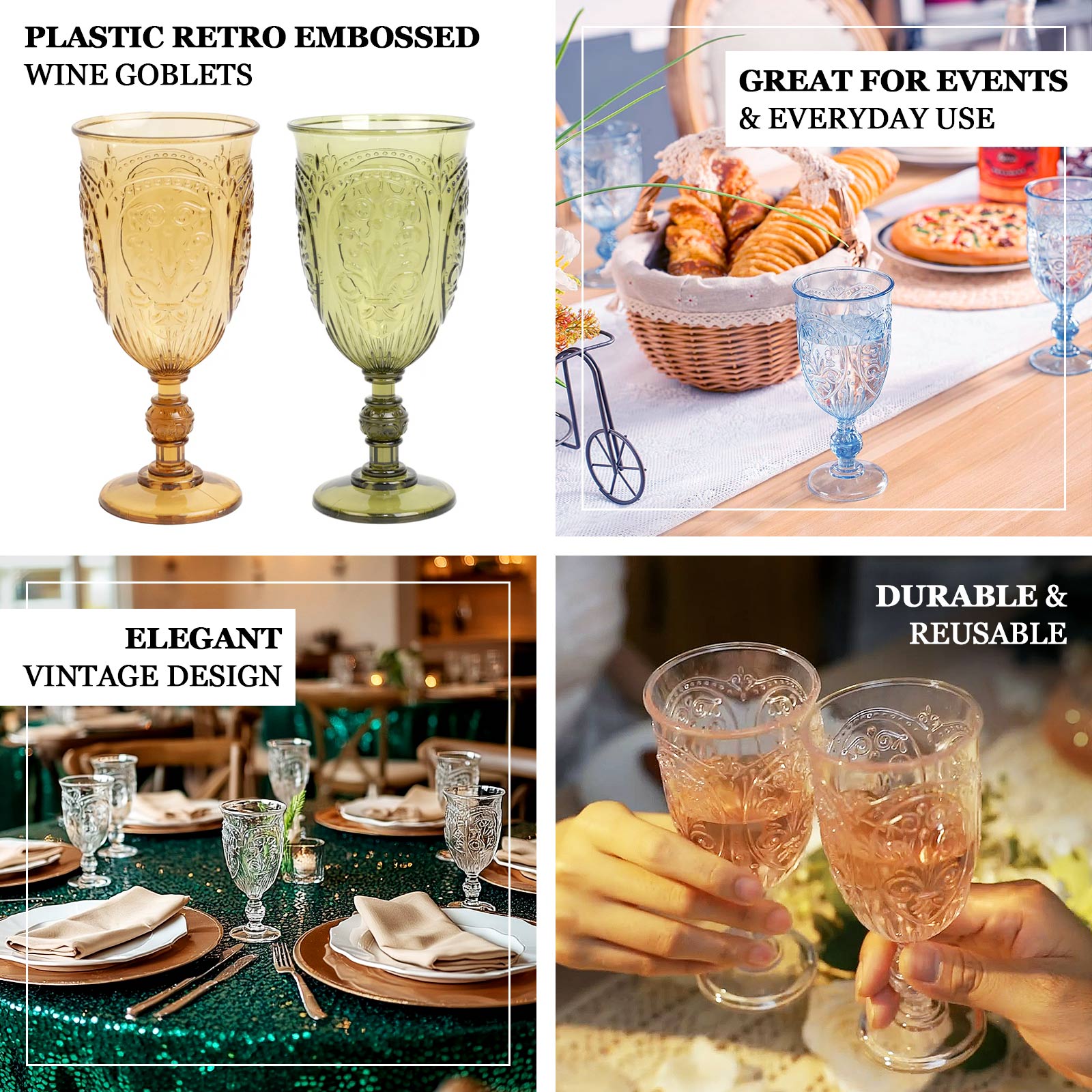 24-Pack Plastic Wine Glasses 10oz – Transparent Dusty Sage Green Vintage Goblets with Retro Embossed Design, Elegant Drinkware - 7" Tall