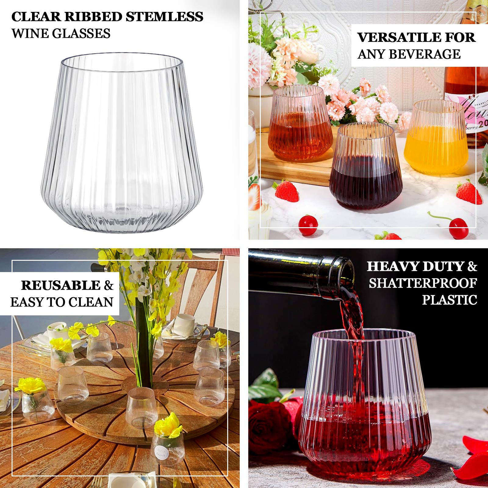 12-Pack Clear Plastic Stemless Wine Glasses – 12oz Ribbed Design, Reusable Shatterproof Cocktail Tumblers