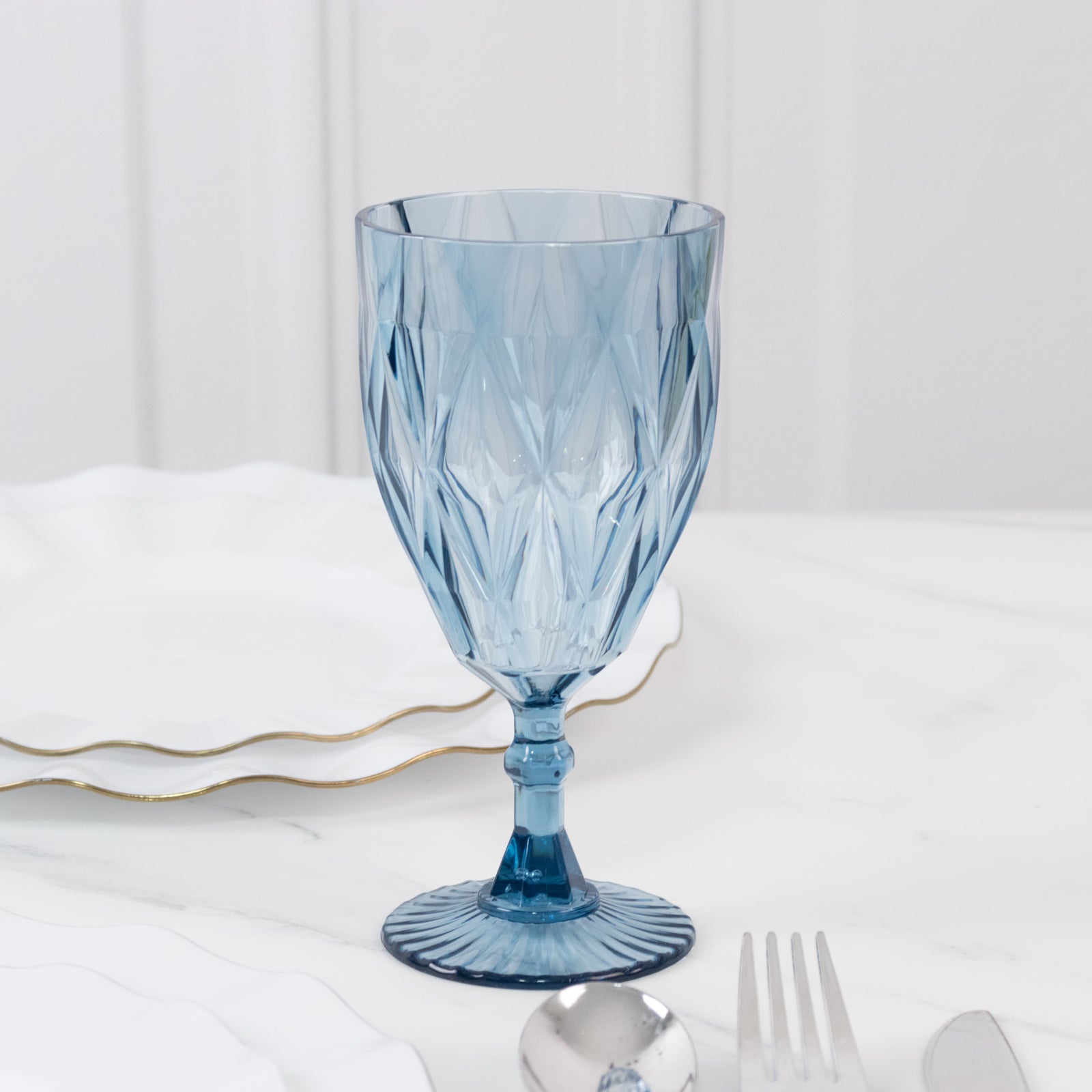 12 Pack Vintage Diamond Cut Plastic Goblets – Dusty Blue 11oz Reusable Wine & Beverage Glasses