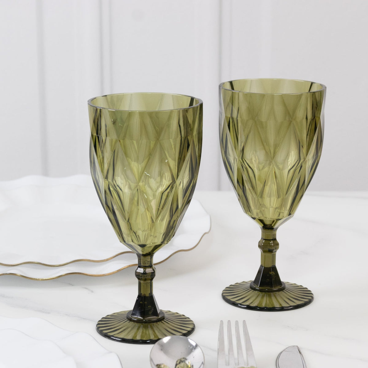 12 Pack Vintage Diamond Cut Plastic Goblets – Dusty Sage Green 11oz Reusable Wine & Beverage Glasses