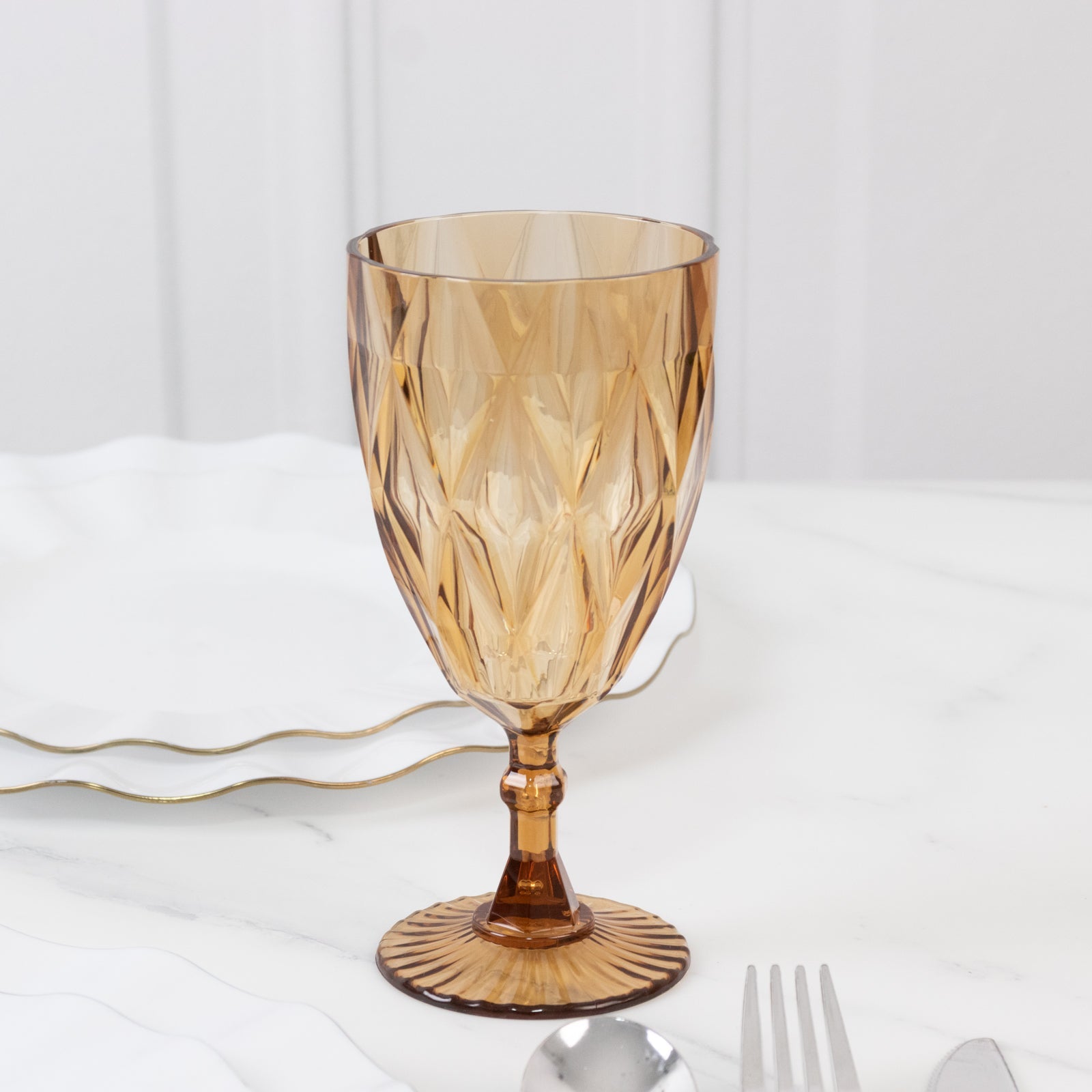 12 Pack Vintage Diamond Cut Plastic Goblets – Amber Gold 11oz Reusable Wine & Beverage Glasses