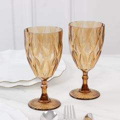 12 Pack Vintage Diamond Cut Plastic Goblets – Amber Gold 11oz Reusable Wine & Beverage Glasses