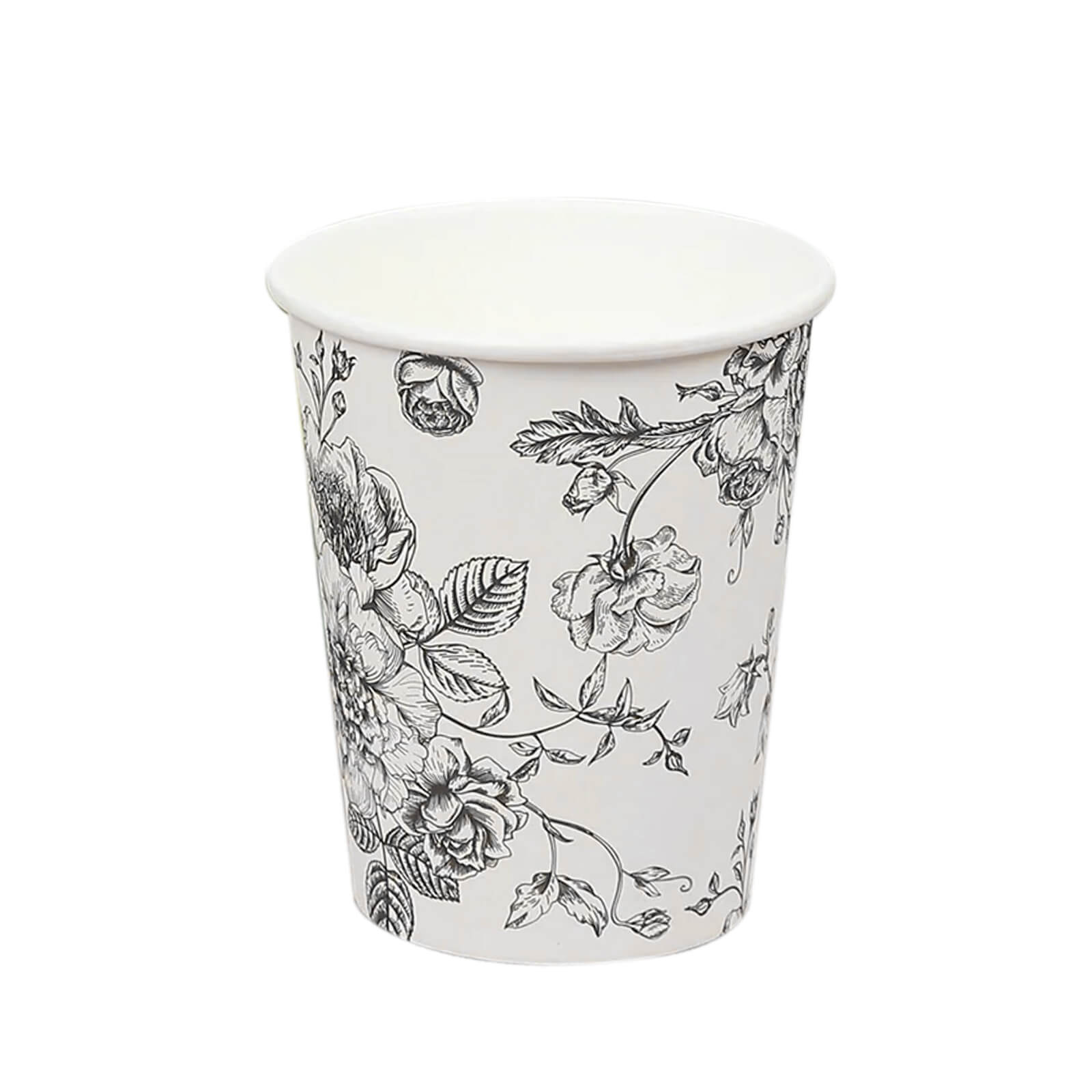 50-Pack Paper Cups in White with Black French Toile Print - Stylish Disposable Floral Party Cups for Weddings & All Purpose Use 9oz
