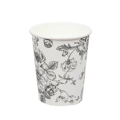 50-Pack Paper Cups in White with Black French Toile Print - Stylish Disposable Floral Party Cups for Weddings & All Purpose Use 9oz