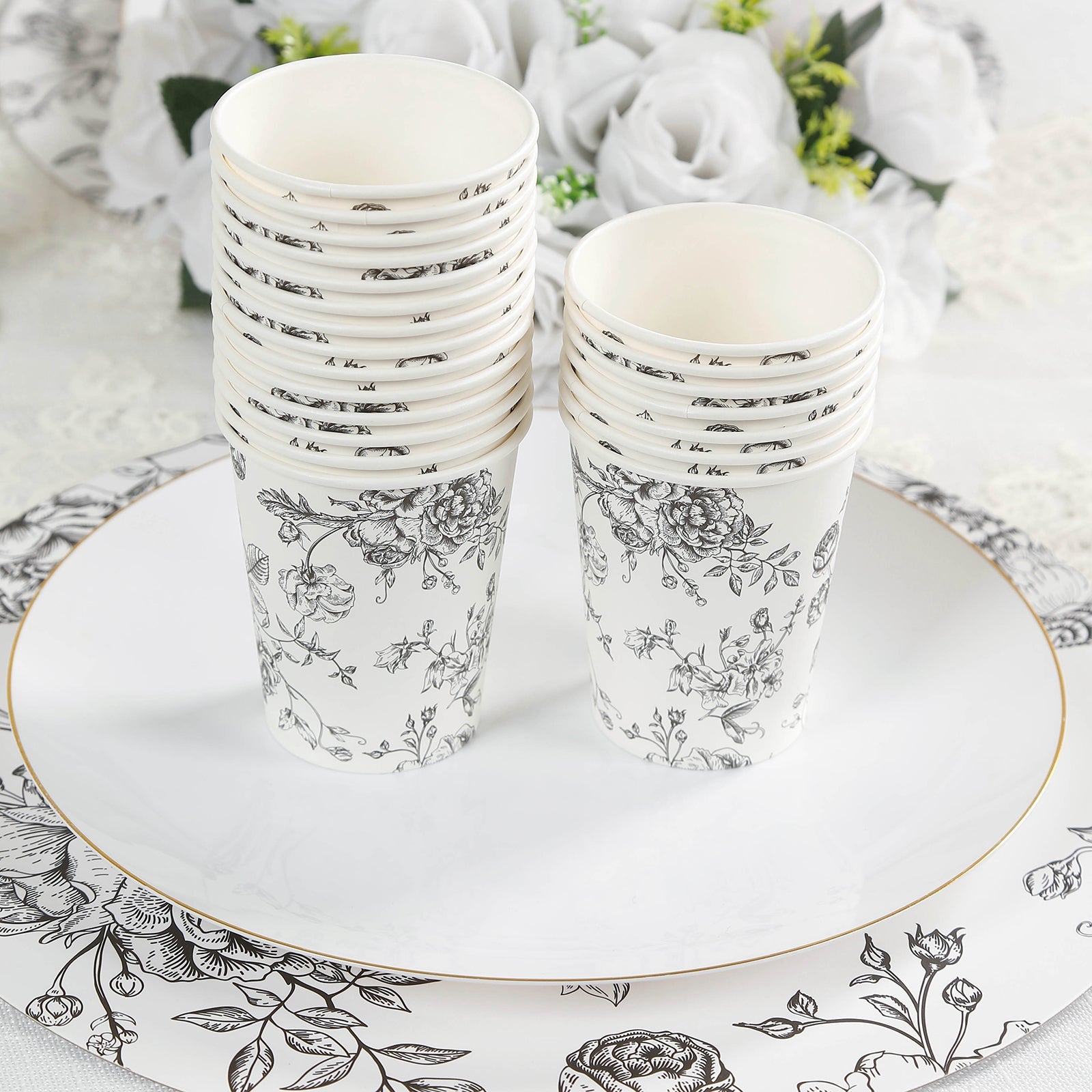 50-Pack Paper Cups in White with Black French Toile Print - Stylish Disposable Floral Party Cups for Weddings & All Purpose Use 9oz