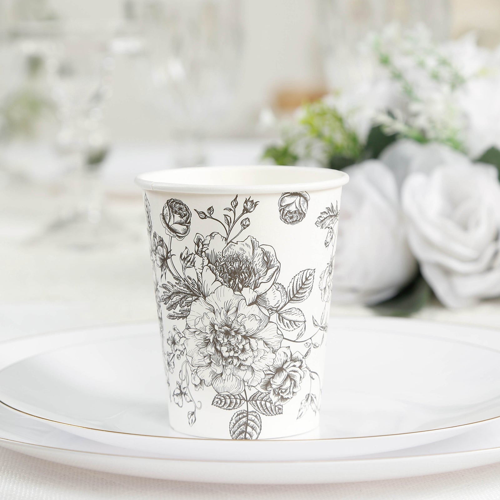 50-Pack Paper Cups in White with Black French Toile Print - Stylish Disposable Floral Party Cups for Weddings & All Purpose Use 9oz