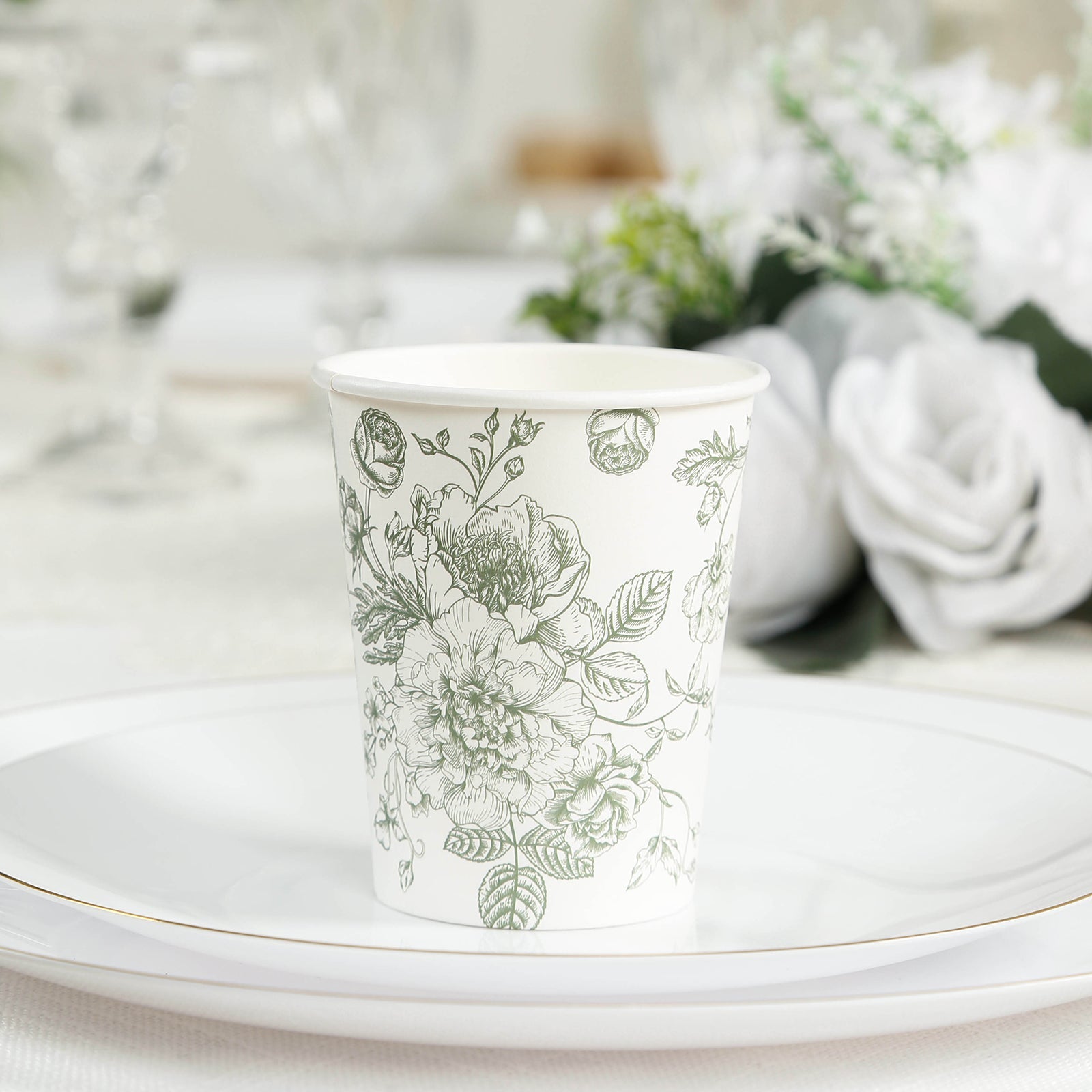 50-Pack Paper Cups in White with Sage Green French Toile Print - Stylish Disposable Floral Party Cups for Weddings & All Purpose Use 9oz