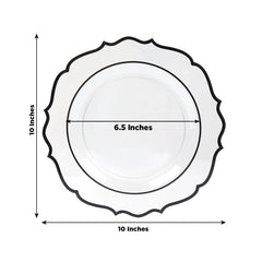 10-Pack Plastic 10" Round Dinner Plates in Clear with Black Scalloped Rim - Disposable Party Plates