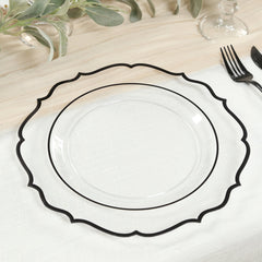10-Pack Plastic 10" Round Dinner Plates in Clear with Black Scalloped Rim - Disposable Party Plates