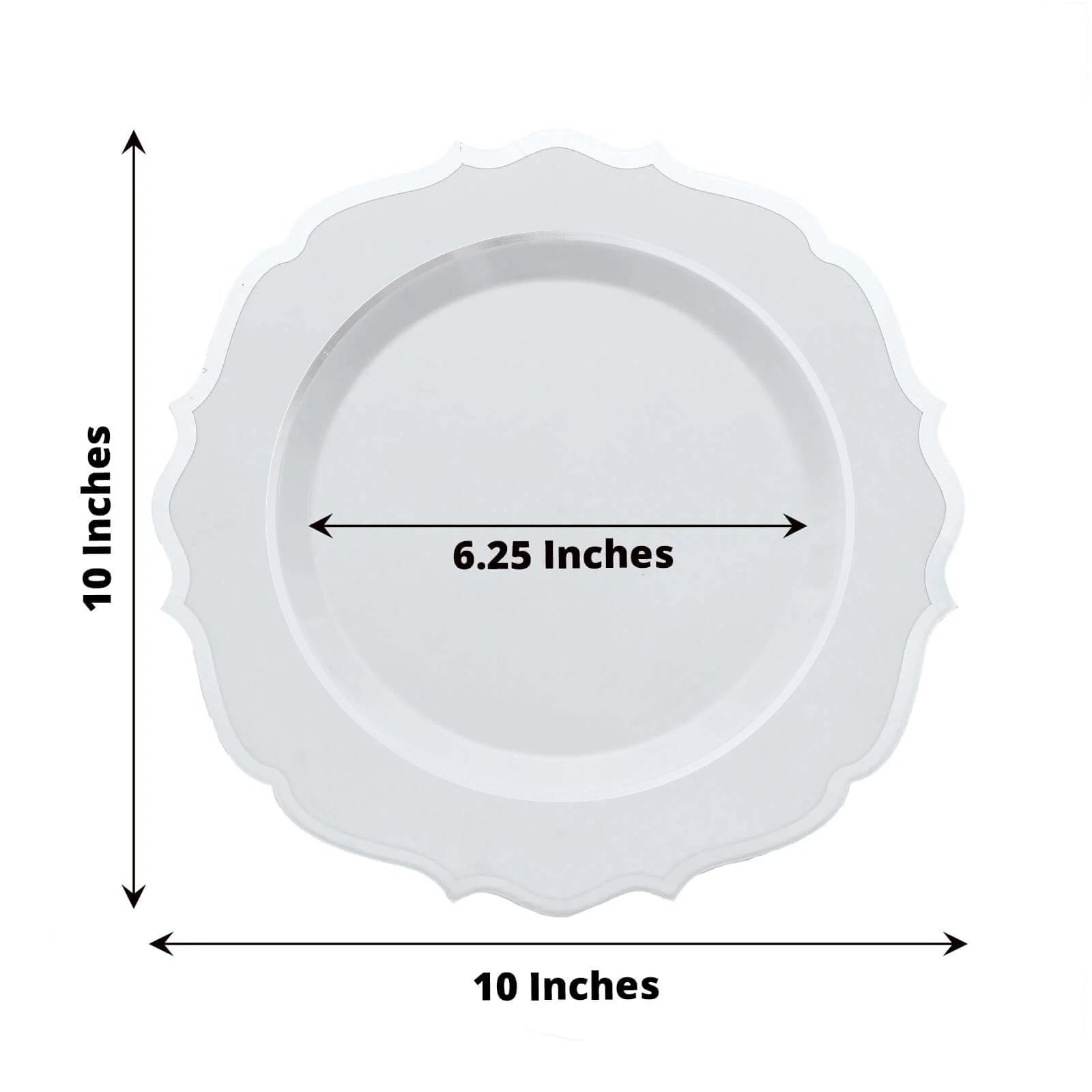 10-Pack Plastic 10" Round Dinner Plates in White with Silver Scalloped Rim - Disposable Party Plates