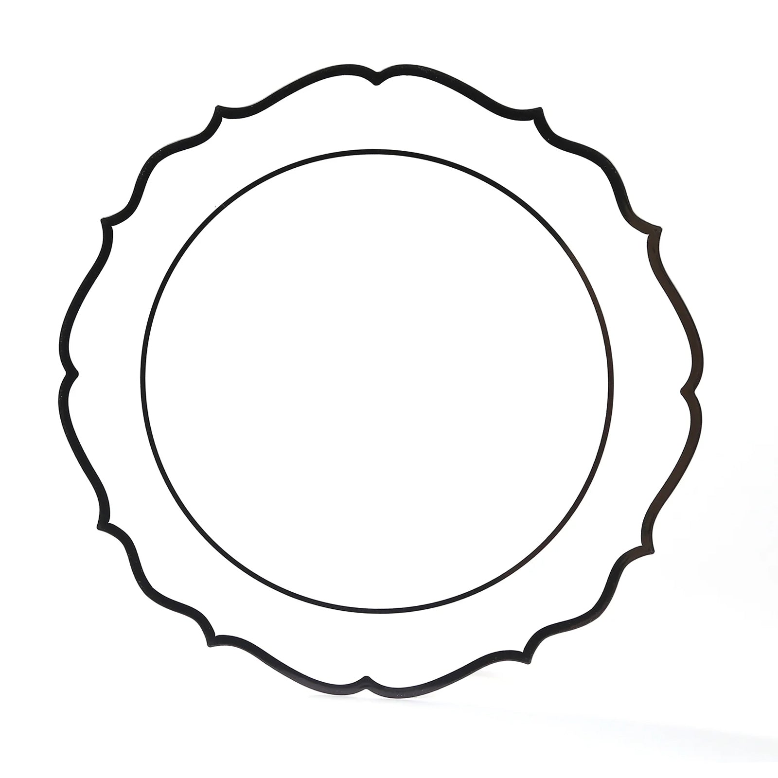 10-Pack Plastic 10" Round Dinner Plates in White with Black Scalloped Rim - Disposable Party Plates