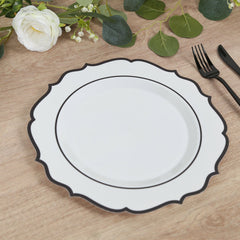 10-Pack Plastic 10" Round Dinner Plates in White with Black Scalloped Rim - Disposable Party Plates