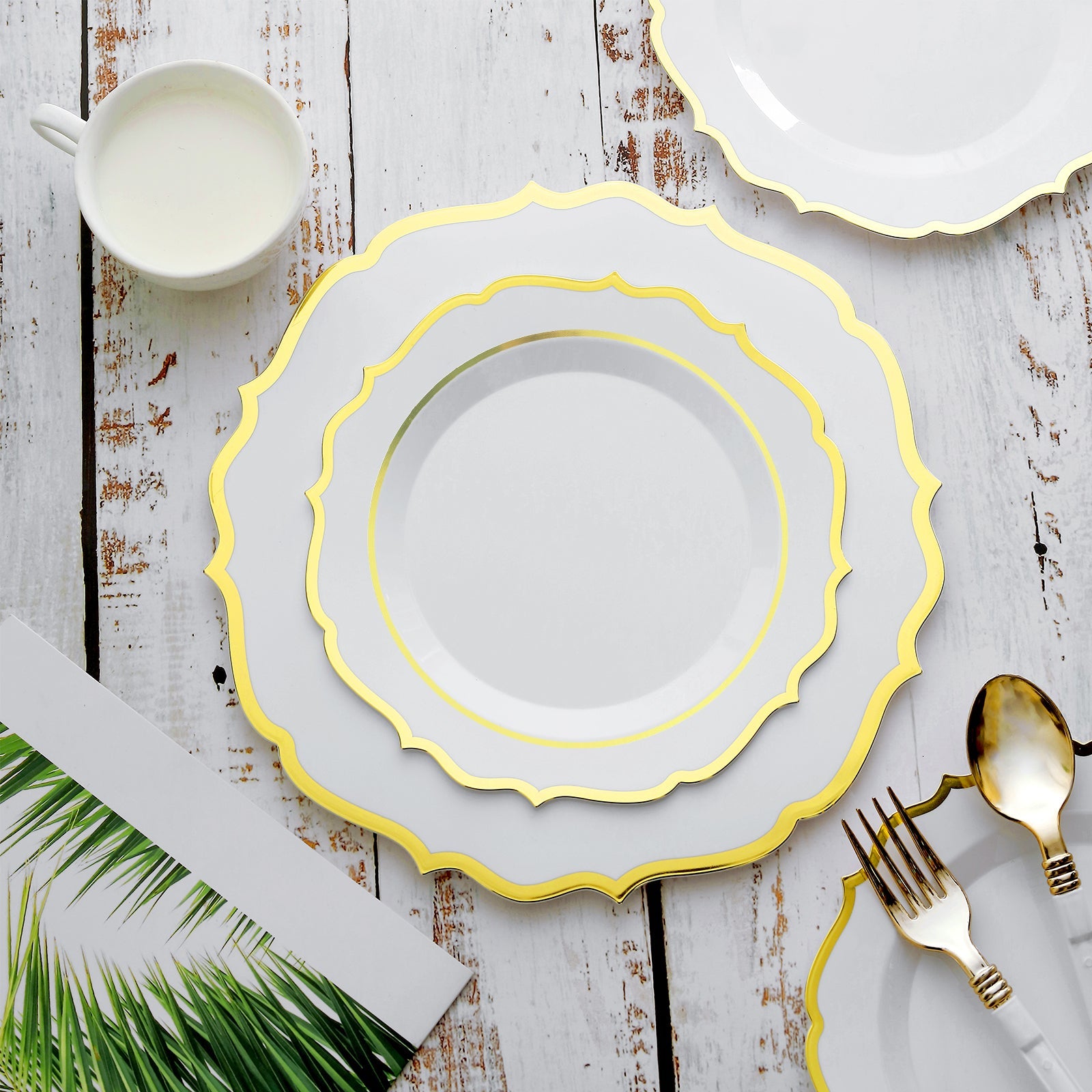 10-Pack Plastic 8" Round Dessert Plates in White with Gold Scalloped Rim - Disposable Appetizer/Salad Plates for Chic Banquets & Special Occasions