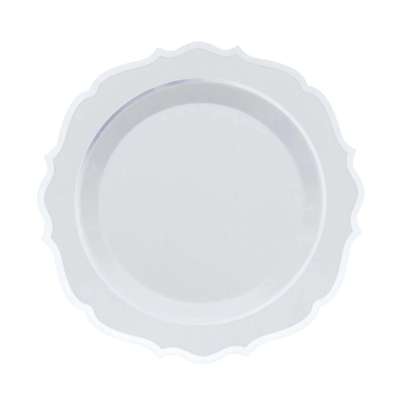 10-Pack Plastic 8" Round Dessert Plates in White with Silver Scalloped Rim - Disposable Appetizer/Salad Plates