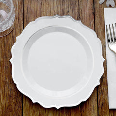 10-Pack Plastic 8" Round Dessert Plates in White with Silver Scalloped Rim - Disposable Appetizer/Salad Plates