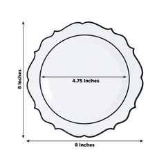 10-Pack Plastic 8" Round Dessert Plates in White with Black Scalloped Rim - Disposable Appetizer/Salad Plates