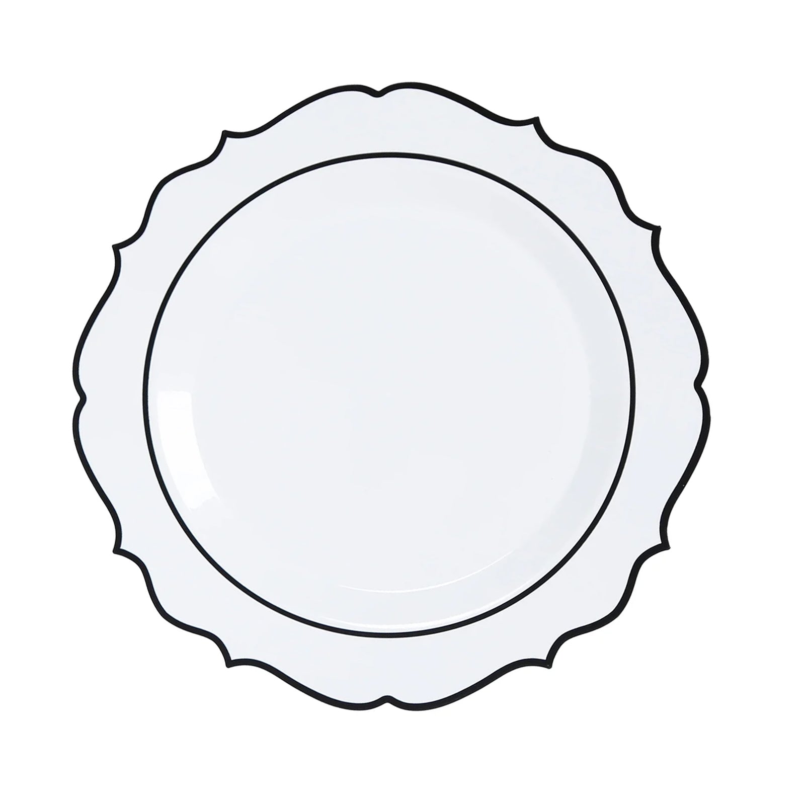 10-Pack Plastic 8" Round Dessert Plates in White with Black Scalloped Rim - Disposable Appetizer/Salad Plates