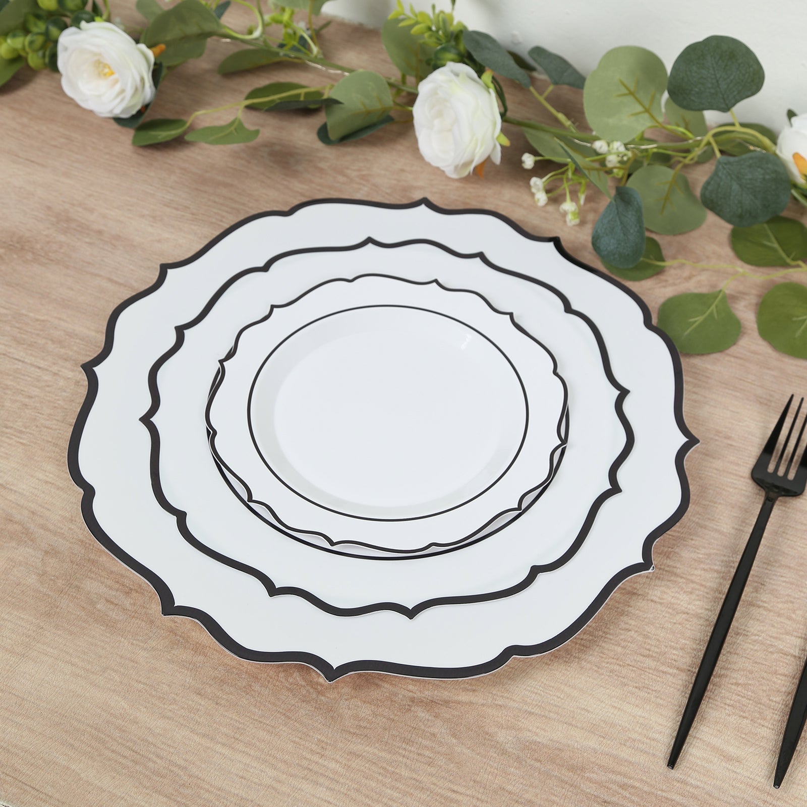 10-Pack Plastic 8" Round Dessert Plates in White with Black Scalloped Rim - Disposable Appetizer/Salad Plates