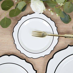 10-Pack Plastic 8" Round Dessert Plates in White with Black Scalloped Rim - Disposable Appetizer/Salad Plates