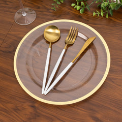 10-Pack Plastic 10" Round Dinner Plates in Clear with Gold Rim - Disposable Party Plates for Classy Banquets & Special Occasions