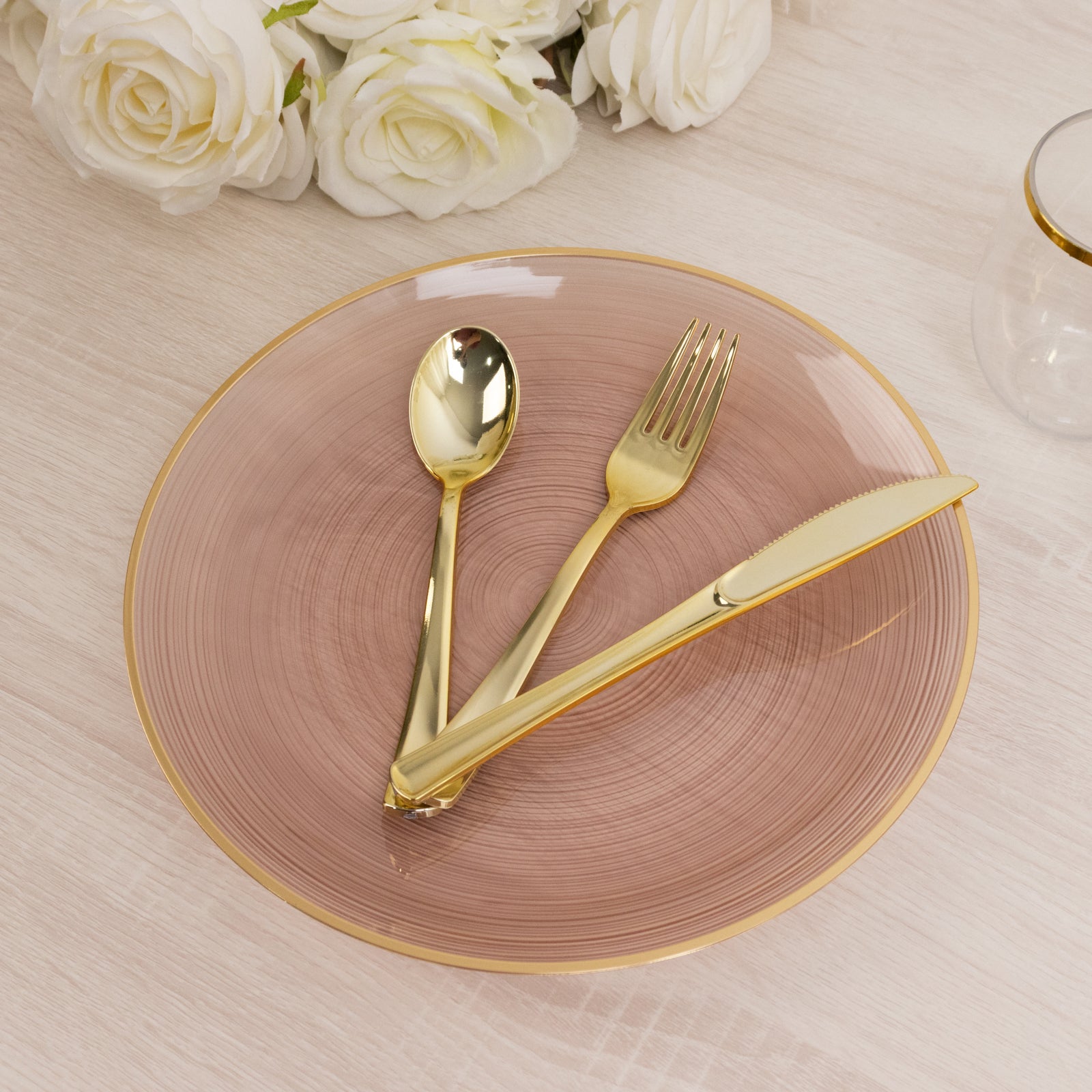 20-Pack 10" Plastic Dinner Plates, Round Transparent Dusty Rose Swirl with Gold Rim – Crystal-Like Elegant Party Plates