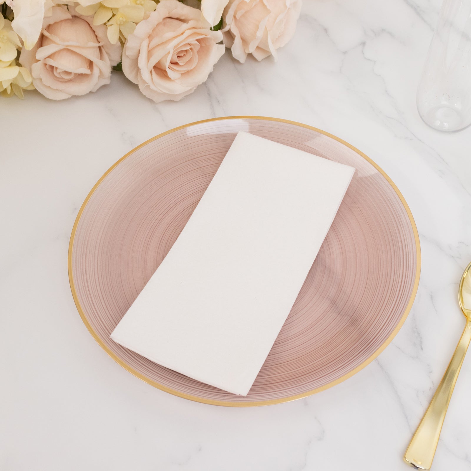 20-Pack 10" Plastic Dinner Plates, Round Transparent Dusty Rose Swirl with Gold Rim – Crystal-Like Elegant Party Plates