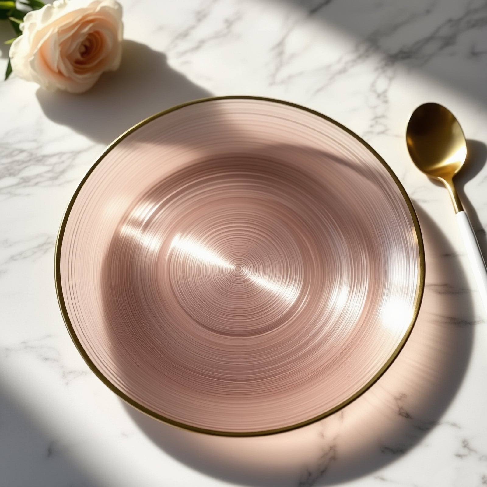 20-Pack 10" Plastic Dinner Plates, Round Transparent Dusty Rose Swirl with Gold Rim – Crystal-Like Elegant Party Plates