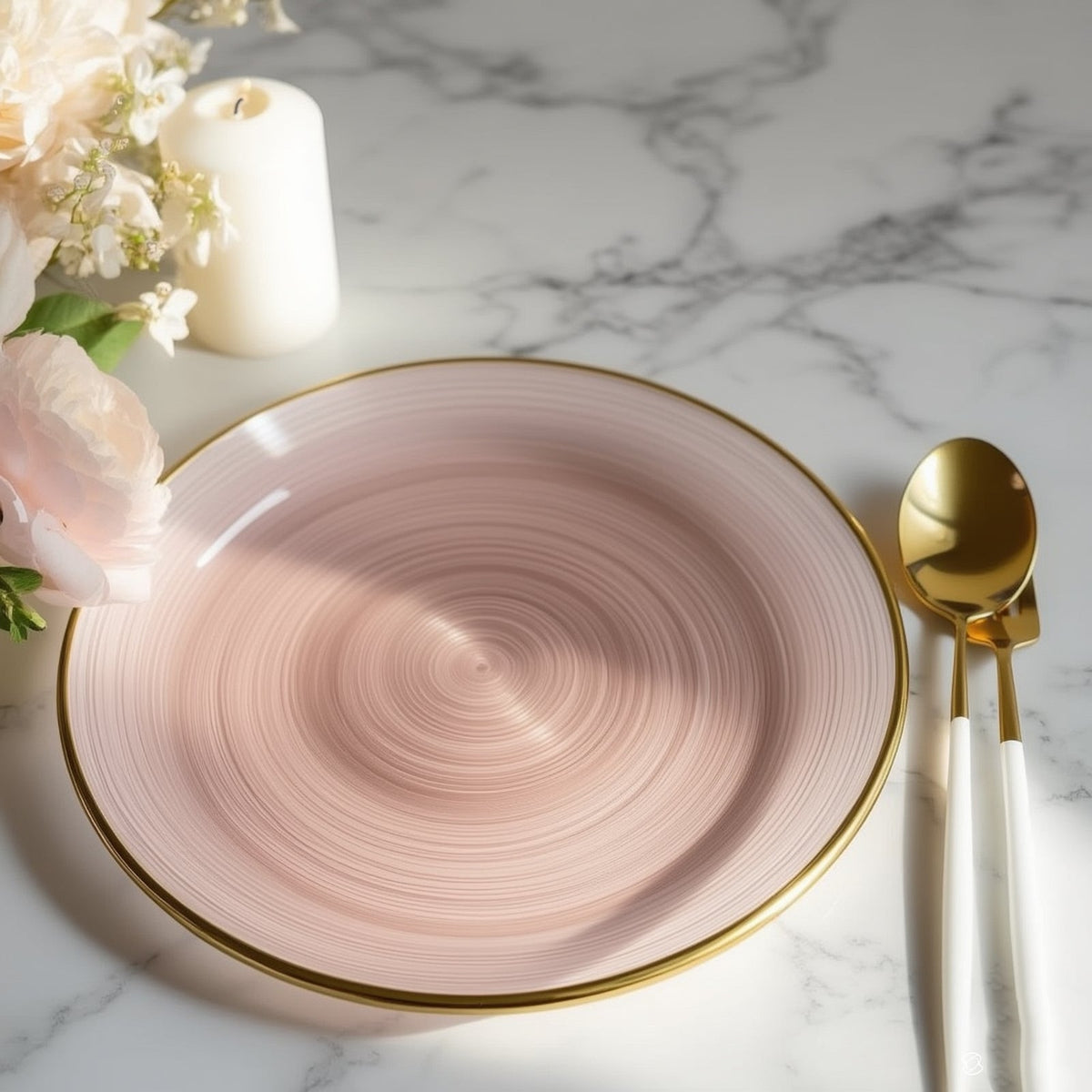 20-Pack 10" Plastic Dinner Plates, Round Transparent Dusty Rose Swirl with Gold Rim – Crystal-Like Elegant Party Plates