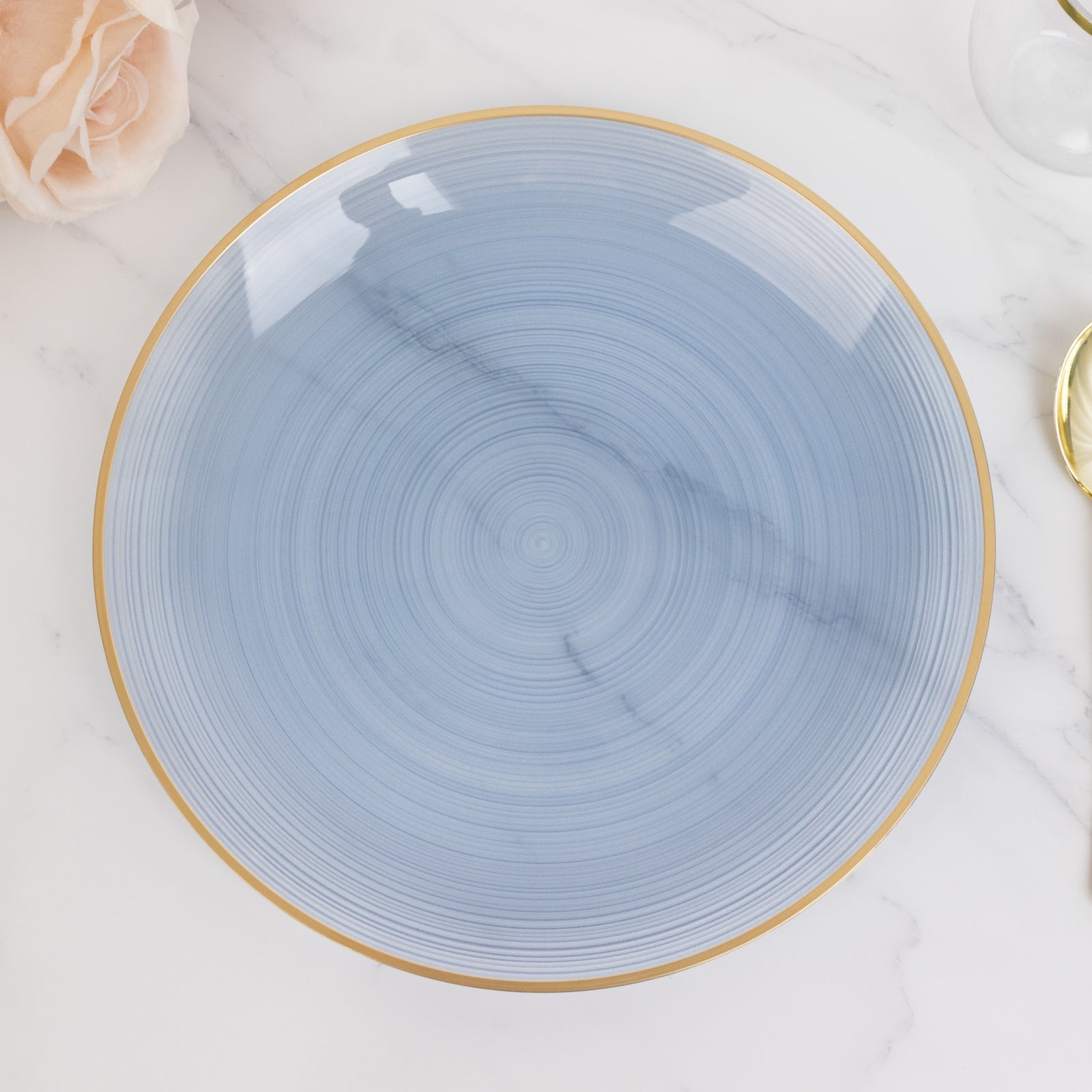 20-Pack 10" Plastic Dinner Plates, Round Transparent Dusty Blue Swirl with Gold Rim – Crystal-Like Elegant Party Plates