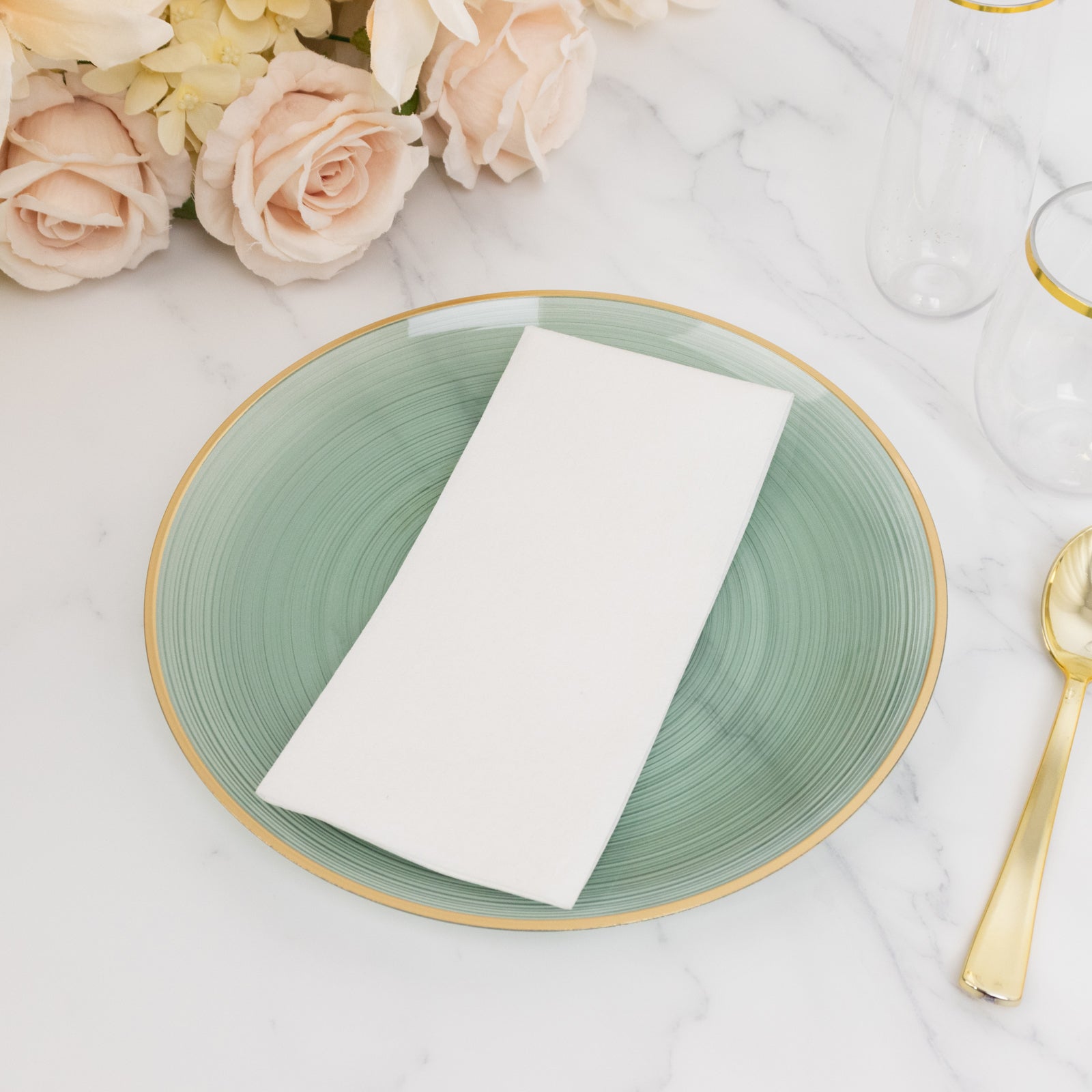 20-Pack 10" Plastic Dinner Plates, Round Transparent Dusty Sage Green Swirl with Gold Rim – Crystal-Like Elegant Party Plates