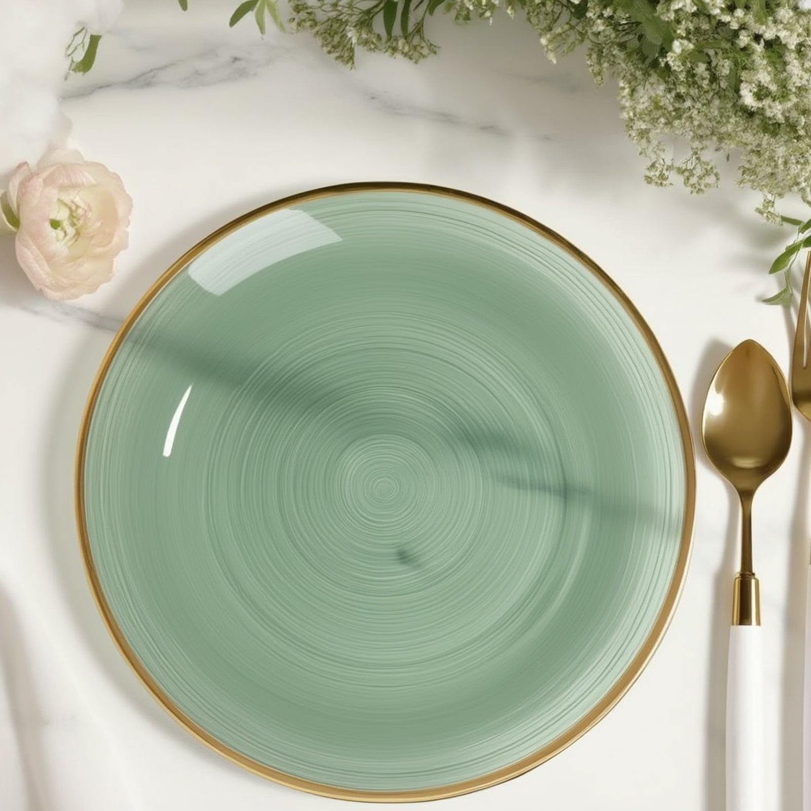 20-Pack 10" Plastic Dinner Plates, Round Transparent Dusty Sage Green Swirl with Gold Rim – Crystal-Like Elegant Party Plates