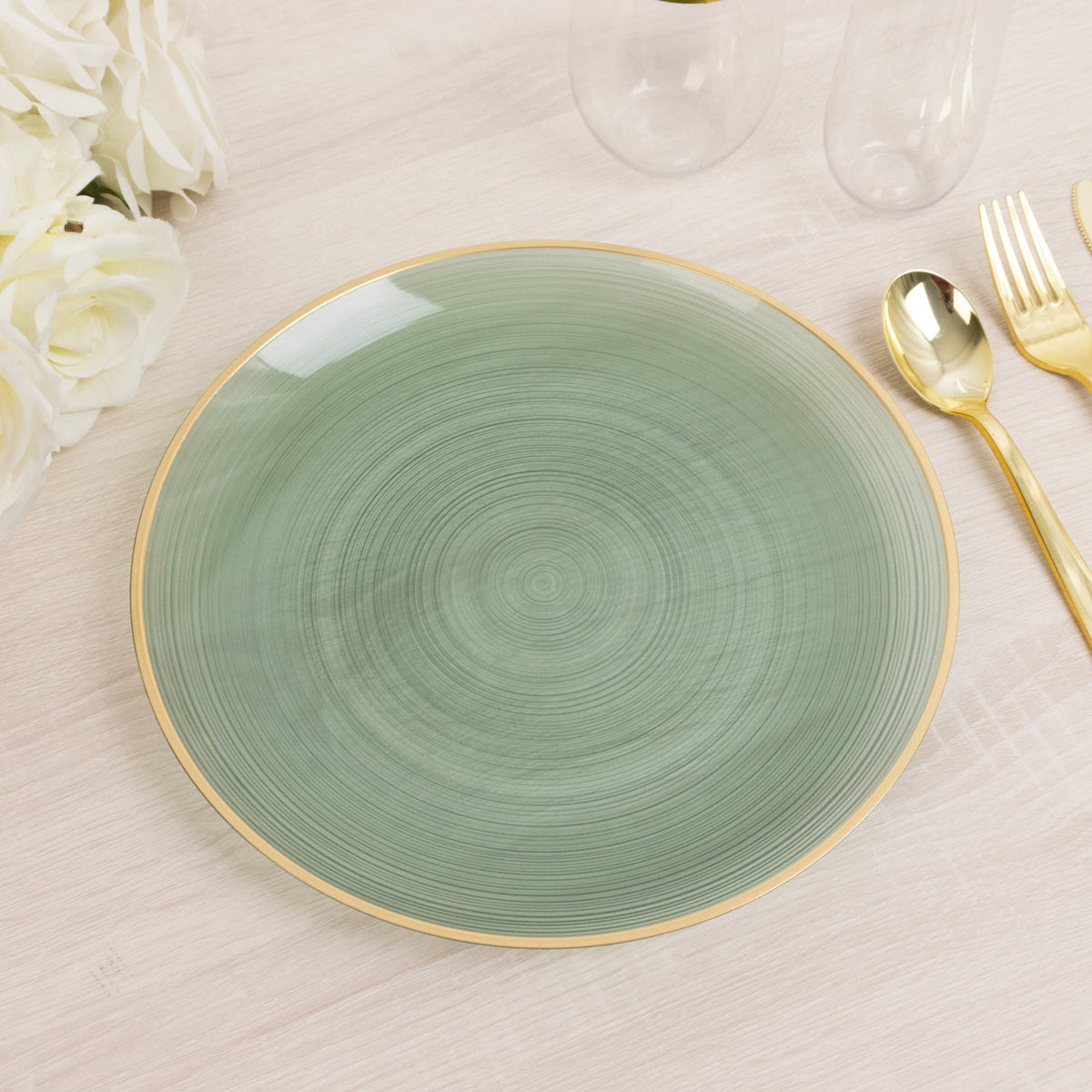 20-Pack 10" Plastic Dinner Plates, Round Transparent Dusty Sage Green Swirl with Gold Rim – Crystal-Like Elegant Party Plates