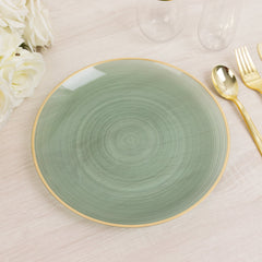 20-Pack 10" Plastic Dinner Plates, Round Transparent Dusty Sage Green Swirl with Gold Rim – Crystal-Like Elegant Party Plates