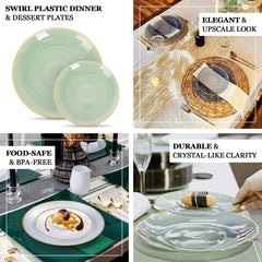 20-Pack 7" Plastic Salad Dessert Plates, Round Transparent Dusty Blue Swirl with Gold Rim – Crystal-Like Elegant Party Plates