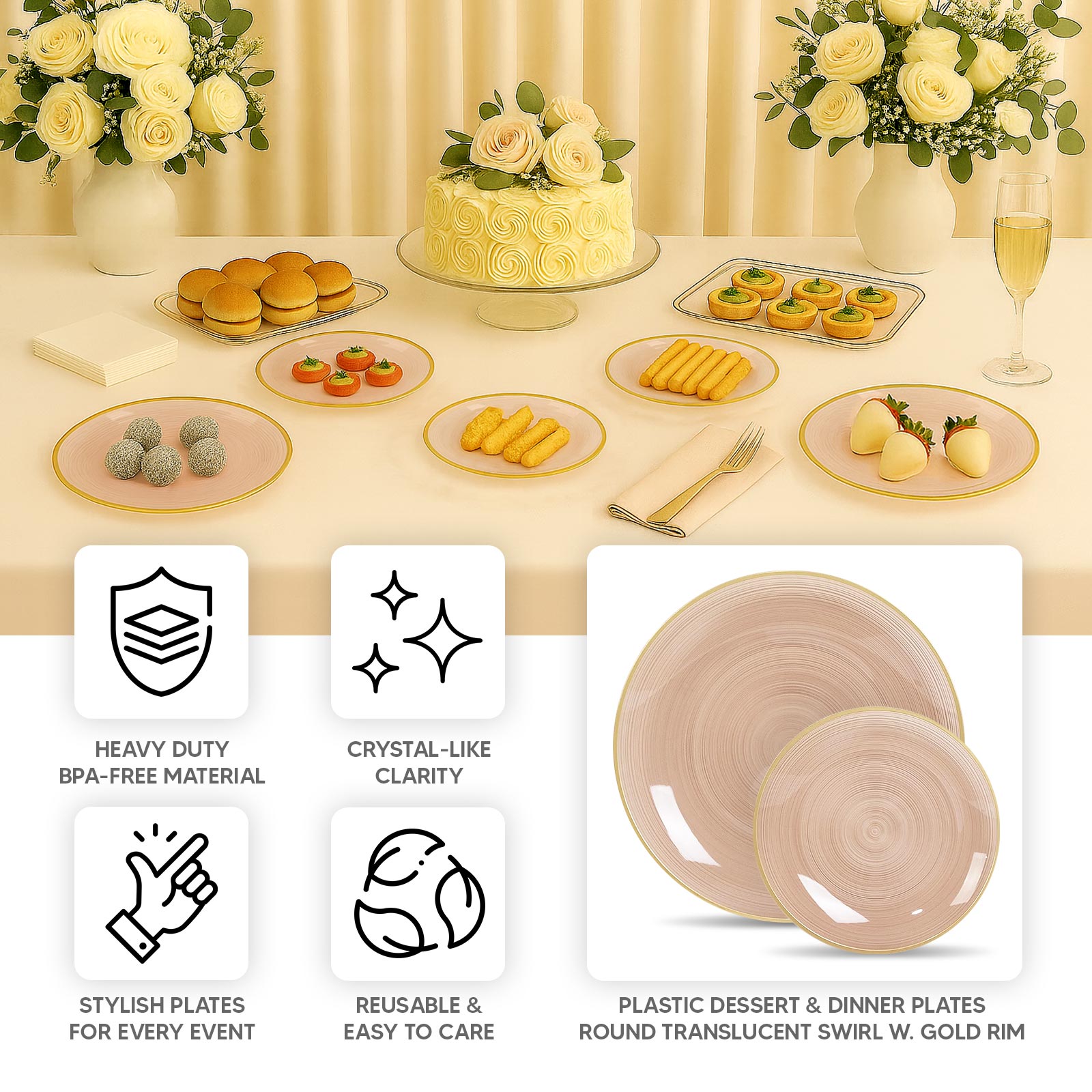 20-Pack 10" Plastic Dinner Plates, Round Transparent Dusty Rose Swirl with Gold Rim – Crystal-Like Elegant Party Plates