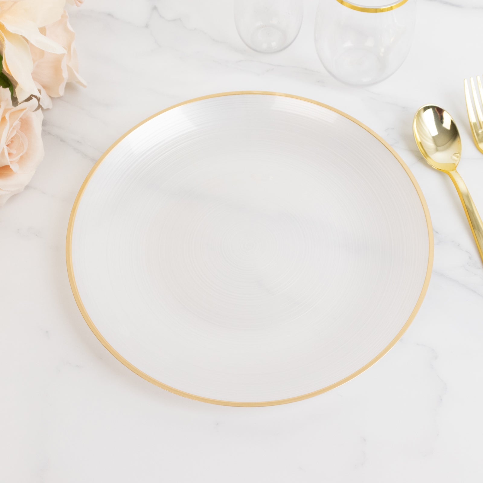 20-Pack 10" Plastic Dinner Plates, Round Transparent Pearl White Swirl with Gold Rim – Crystal-Like Elegant Party Plates