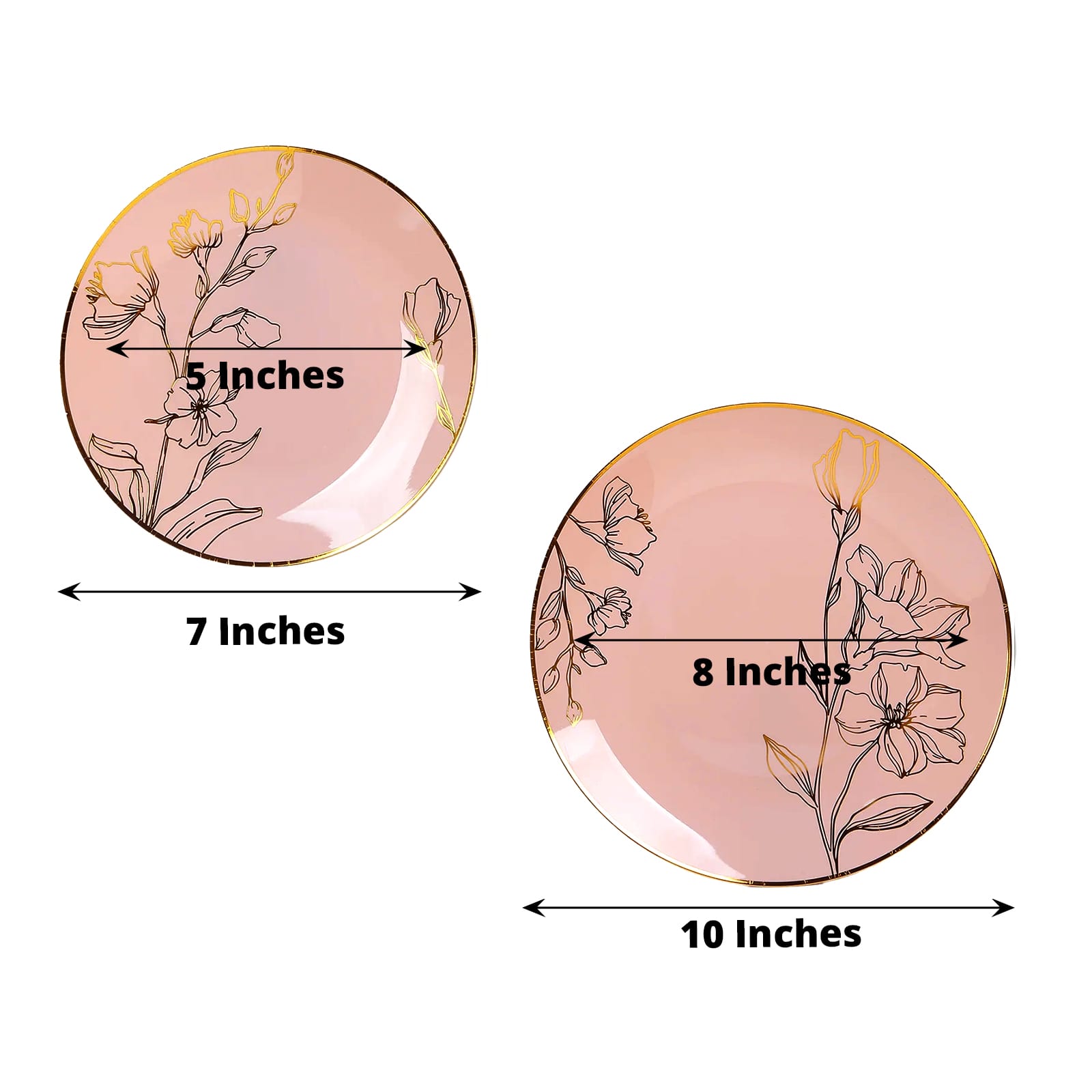 Set of 20 Plastic Round Dinner and Dessert Plates in Dusty Rose with Metallic Gold Floral Design - Stylish Disposable Dinnerware 8", 10"