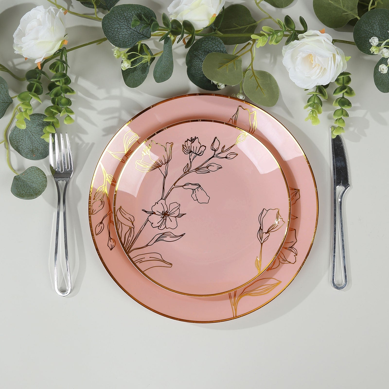 Set of 20 Plastic Round Dinner and Dessert Plates in Dusty Rose with Metallic Gold Floral Design - Stylish Disposable Dinnerware 8", 10"