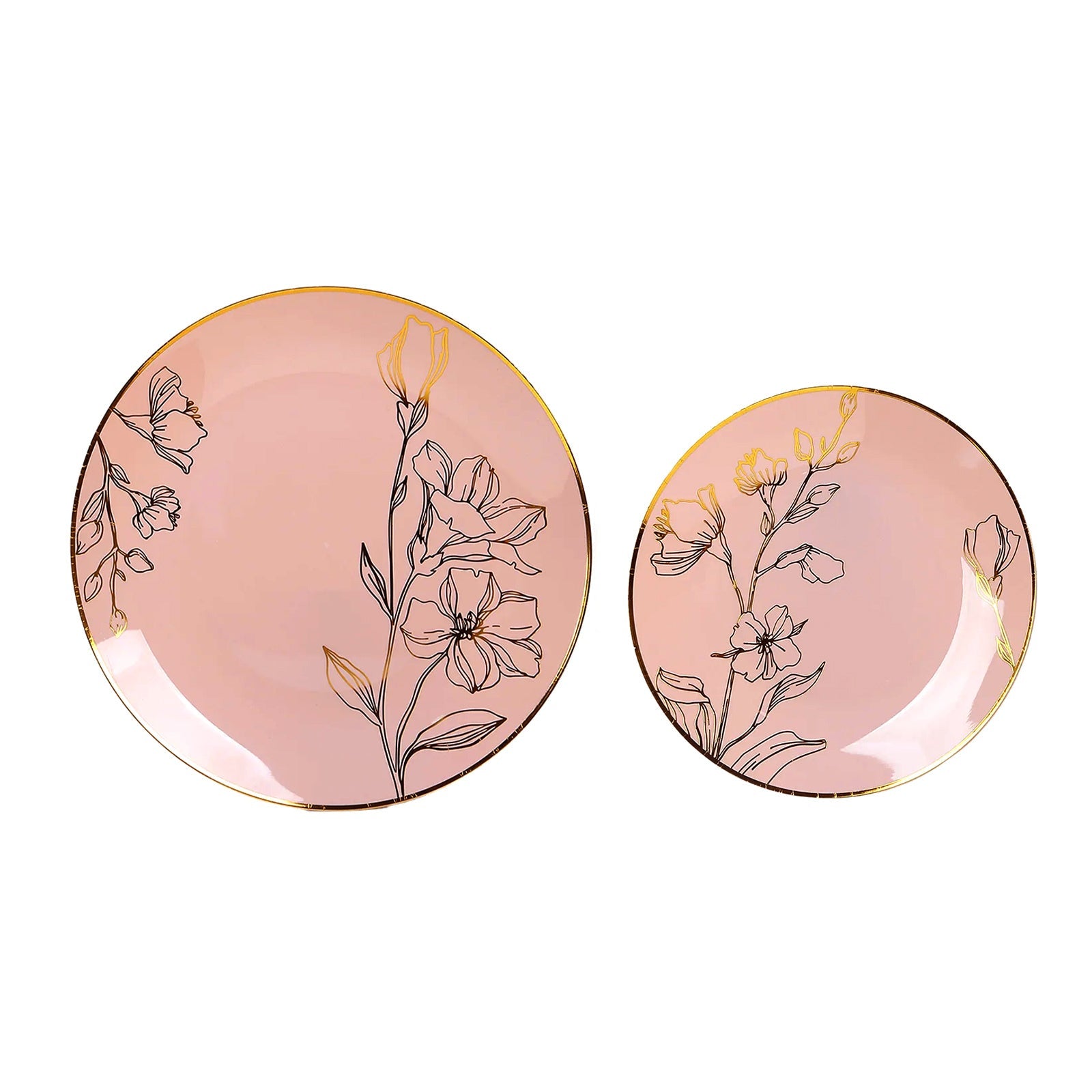 Set of 20 Plastic Round Dinner and Dessert Plates in Dusty Rose with Metallic Gold Floral Design - Stylish Disposable Dinnerware 8", 10"