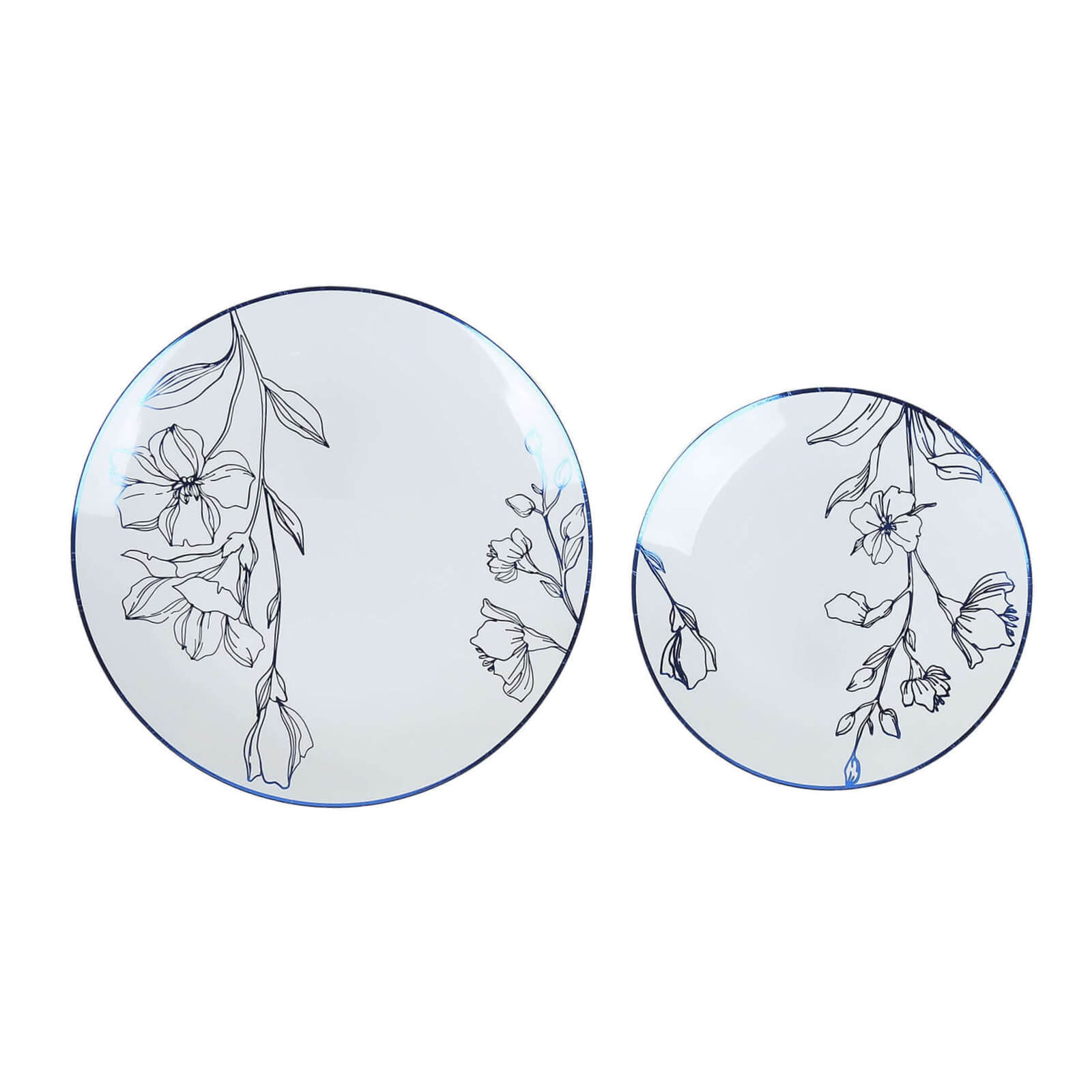 Set of 20 Plastic Round Dinner and Dessert Plates in White with Metallic Blue Floral Design - Stylish Disposable Dinnerware 8", 10"