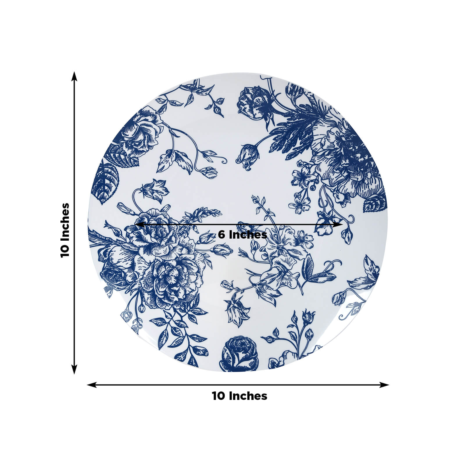 10-Pack French Toile Plastic Party Plates – Blue & White Floral, 10" Round Disposable Dinner Plates