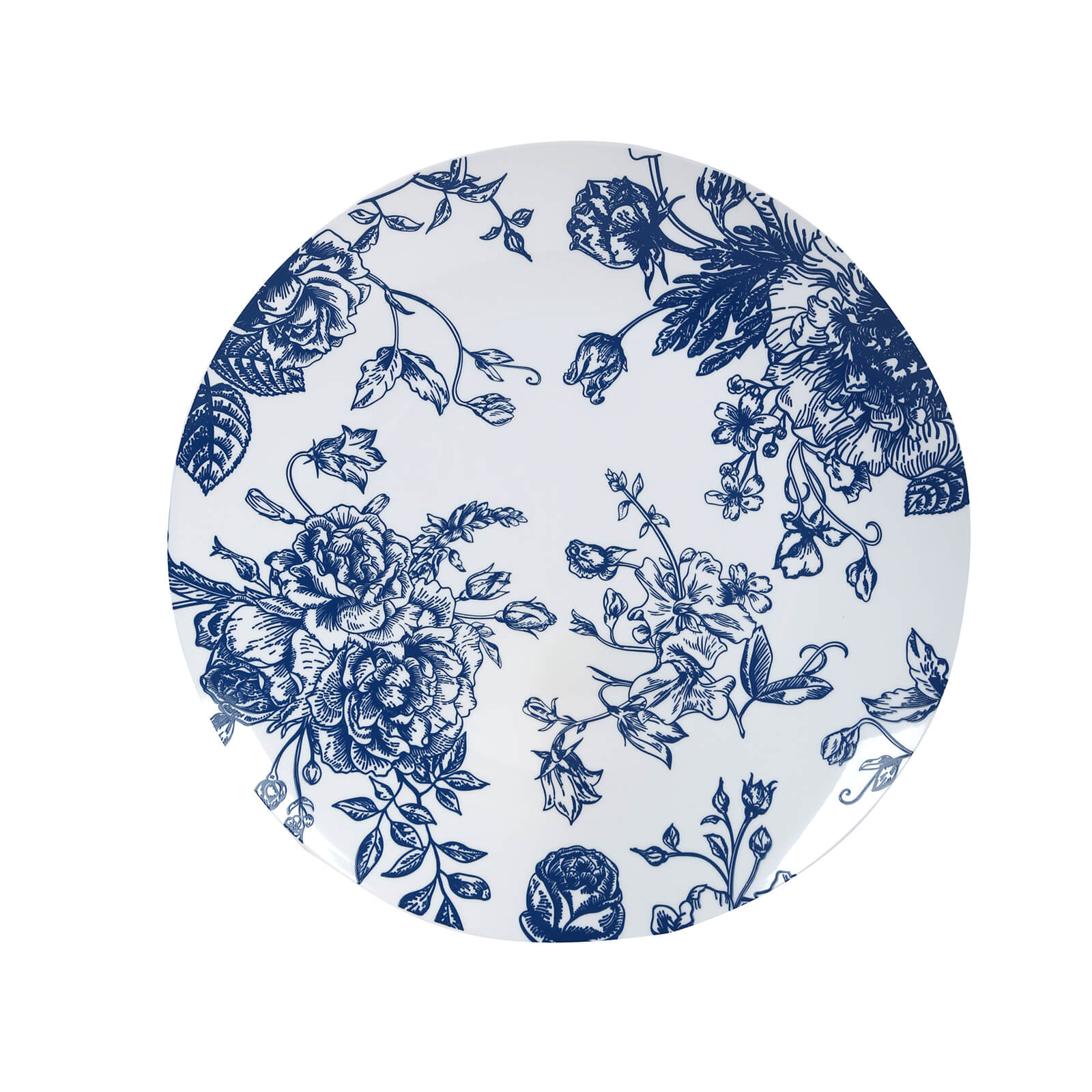 10-Pack French Toile Plastic Party Plates – Blue & White Floral, 10" Round Disposable Dinner Plates