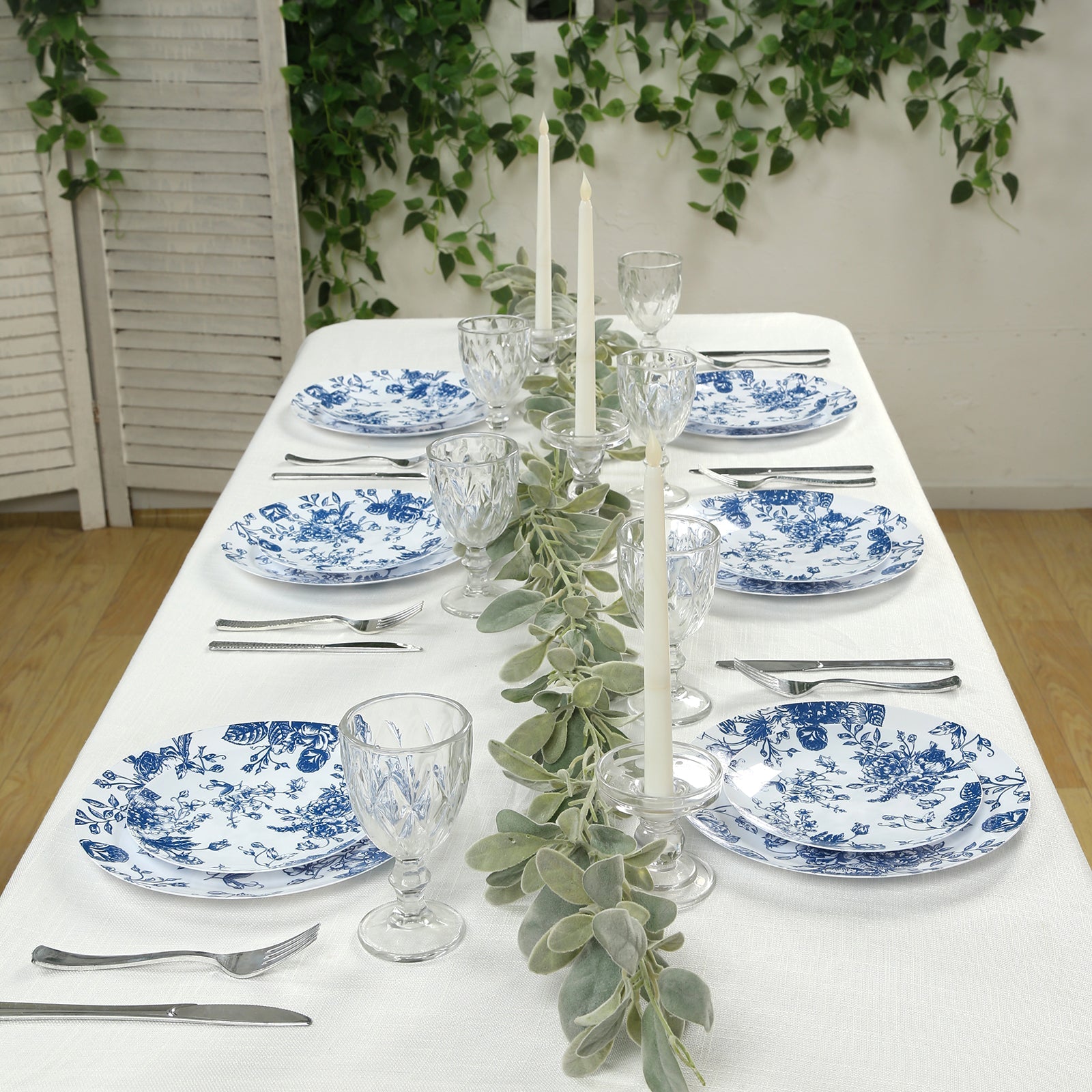 10-Pack French Toile Plastic Party Plates – Blue & White Floral, 10" Round Disposable Dinner Plates