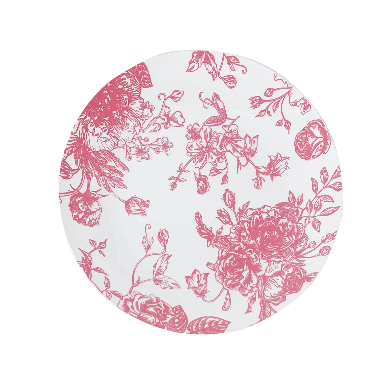 10-Pack French Toile Plastic Party Plates – Pink & White Floral, 10" Round Disposable Dinner Plates