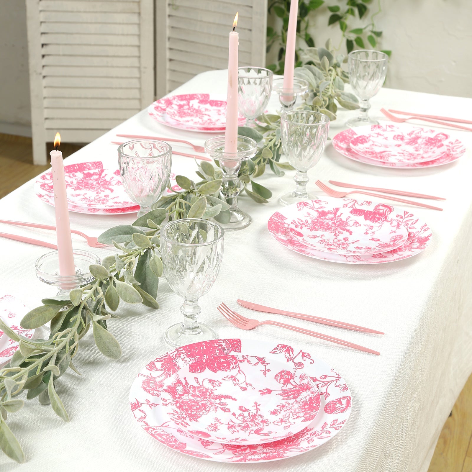 10-Pack French Toile Plastic Party Plates – Pink & White Floral, 10" Round Disposable Dinner Plates